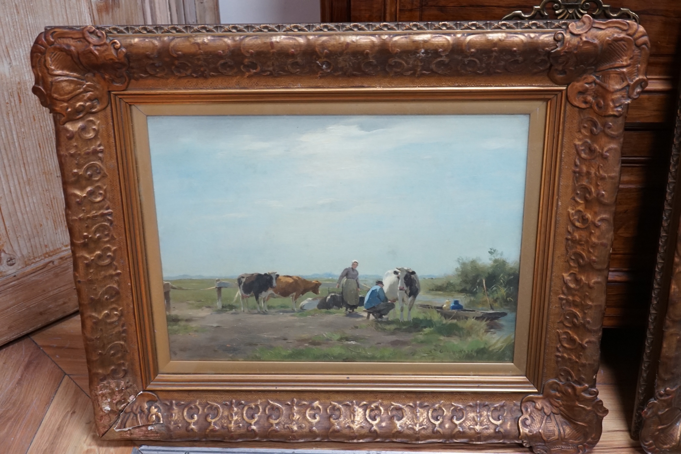 Adrianus Johannes Groenewegen (1874-1963), pair of oils on canvas, Shepherd and flock and cow herder in landscapes, signed, 32 x 43cm